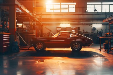 Modern car at garage for service and maintenance with sunlight effect