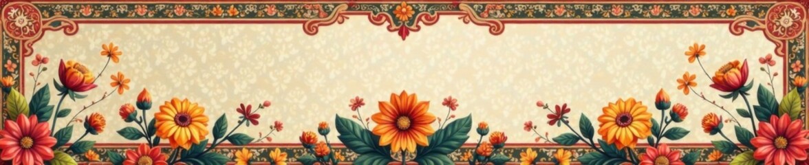 Dated floral motifs and geometric shapes in muted colors on ornate background, wallpaper, design