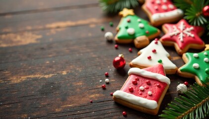 Decorated Christmas cookies on a wooden table, holiday, baking