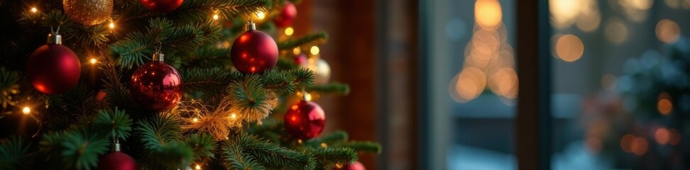 Decorated Christmas tree with lights, ornaments, and garland, winter, bows