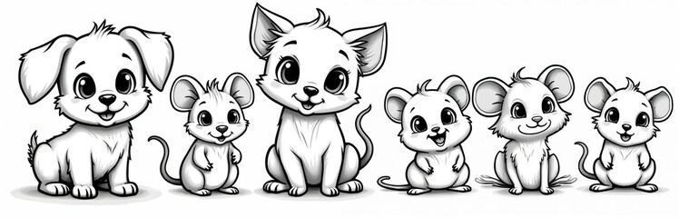 Obraz premium Black and white outline illustration of adorable pets. Dog puppy, kitten, mouse, hamster and fish. Simple drawing for coloring books. Children cartoon animals isolated on white.