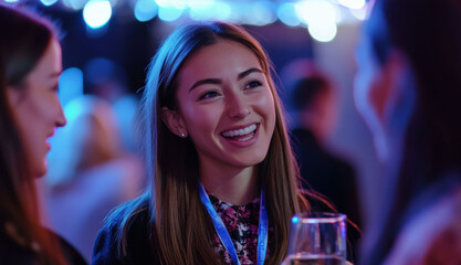 Fototapeta premium Business networking professionals connect at a trade show, refining their communication skills while engaging in product showcases and seminars.