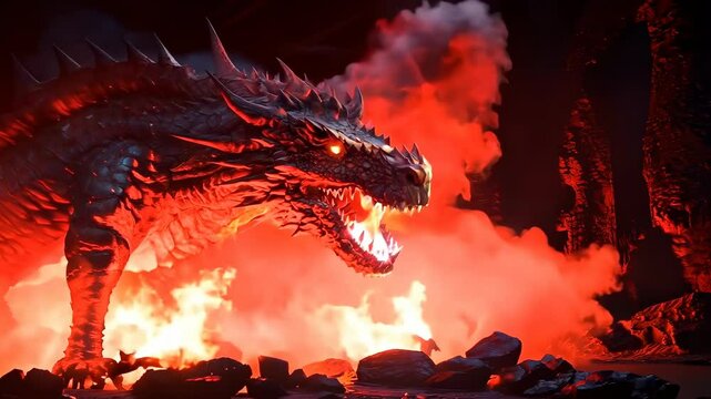 A dramatic side-angle shot of a fiery dragon, its mouth open with flames, set against a dark background, resembling a fantasy video game style.