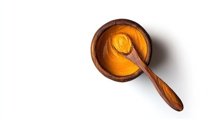 Golden turmeric paste in wooden bowl, spoon, white background, food recipe