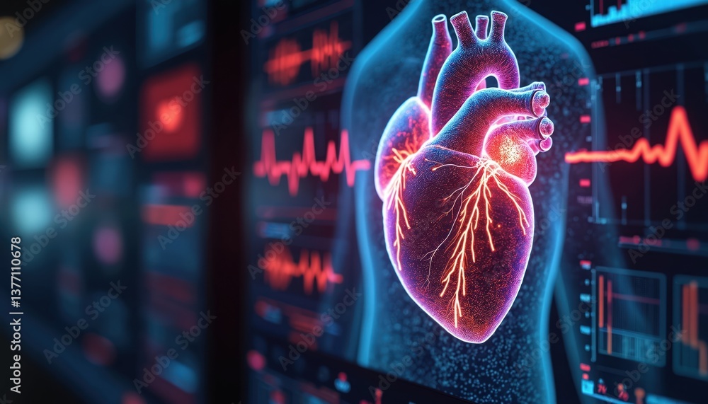 Aufkleber futuristic medical illustration of heart hologram with data analysis on virtual interface. innovativ