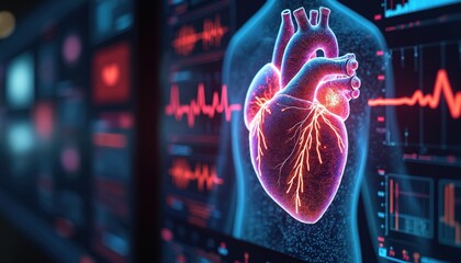 Futuristic medical illustration of heart hologram with data analysis on virtual interface. Innovative tech in medicine with cardiogram monitoring heart disease, myocardial infarction. Future of