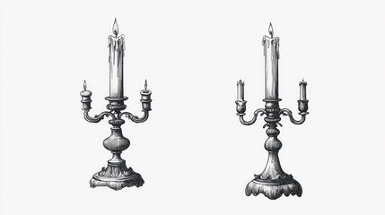 Naklejka premium Antique Candelabra, Candles, White Background, Sketch, Design