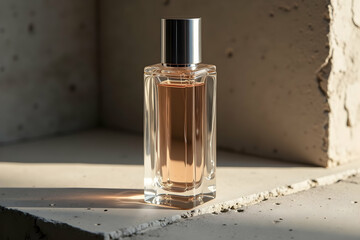 Elegant Perfume Still Life, A Luxurious Elongated Bottle with Clean Lines Bathed in Warm Sunlight, Capturing the Essence of Refinement and Sophistication