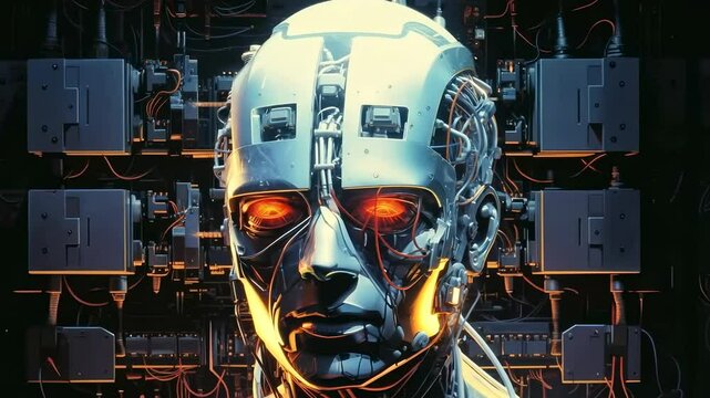 Futuristic cyborg head with glowing eyes, front view. Cyberpunk style, high-tech and dystopian, ideal for a sci-fi video theme.