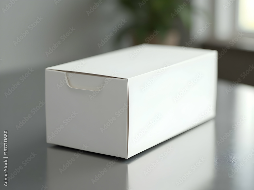 Poster elegant presentation, a clean white rectangular package displayed in a modern setting, perfect for p