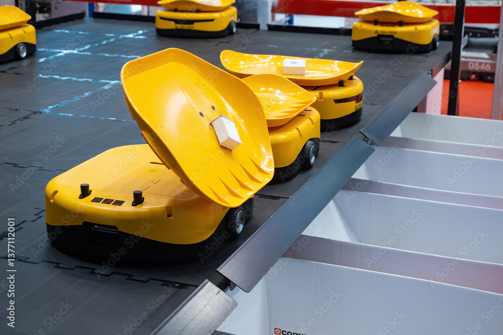 Poster warehouse robots. yellow automated guided vehicles. robotization of distribution center. warehouse r