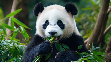 Naklejka premium Close-up of a panda bear eating bamboo in a lush forest.