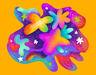 Colorful abstract shapes on a bright orange background