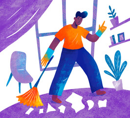 Person cleaning a colorful room with a broom in bright atmosphere