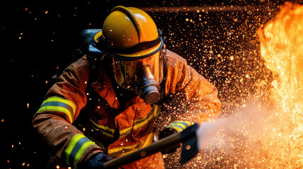 Fototapeta premium firefighter in protective gear battles fierce blaze, showcasing bravery and determination amidst flying sparks