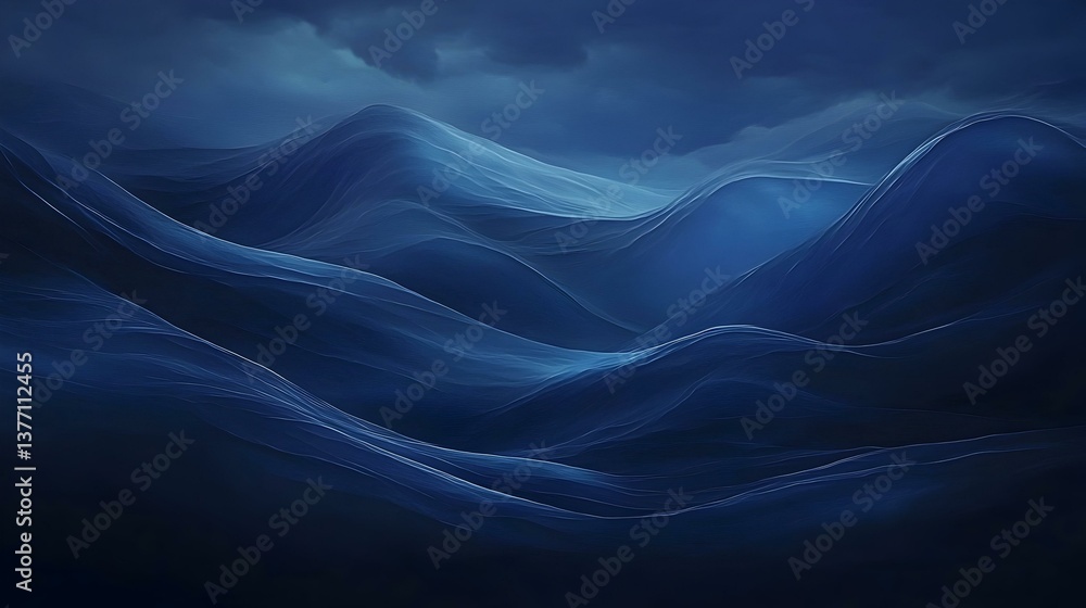 Poster serene abstract mountain landscape at twilight. deep blue hues and soft lines create a calming atmos