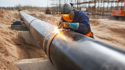 A construction worker welding pipes at a building site. Featuring focus and craftsmanship