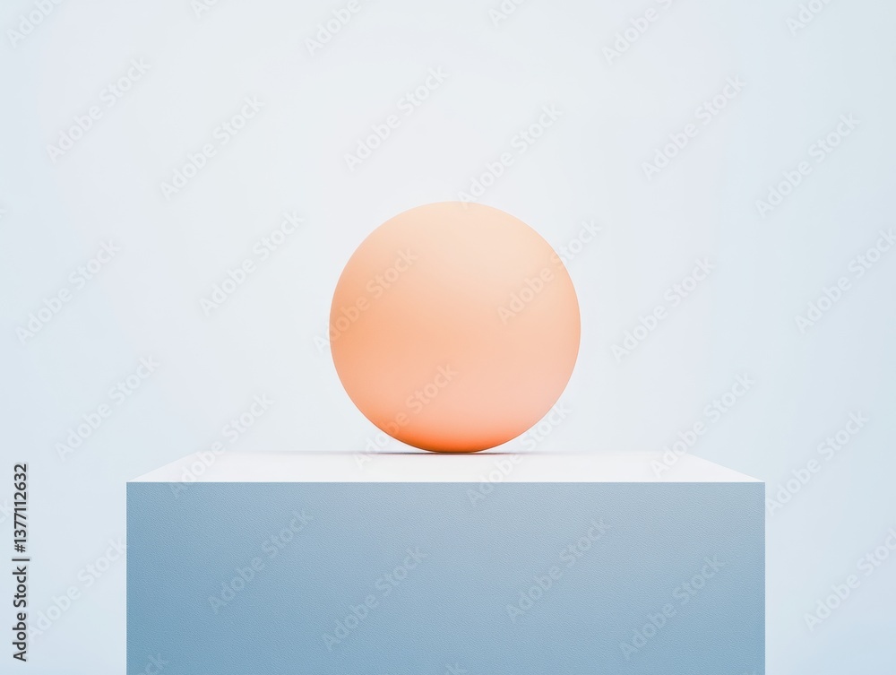 Poster a minimalist composition featuring a soft peach-colored sphere balanced on a light gray cube against
