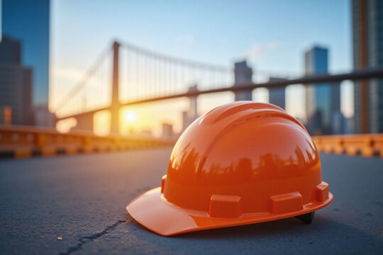 orange hard hat sitting on the ground in front of a construction site