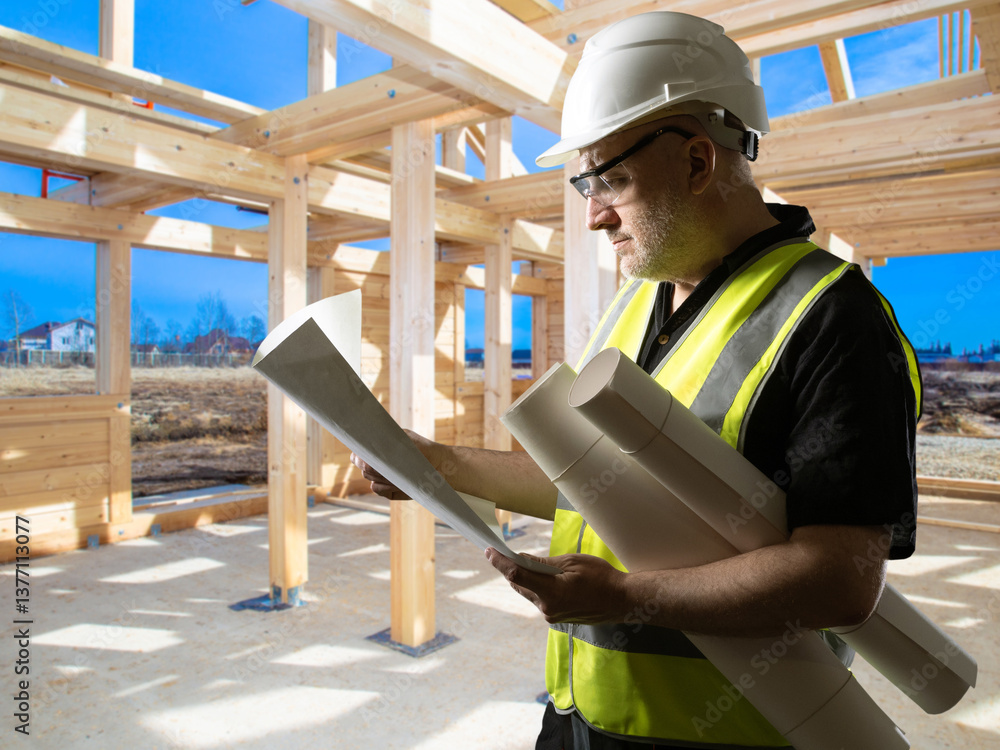 Poster man builder in wooden frame building. construction country cottage using half-timbered technology. p