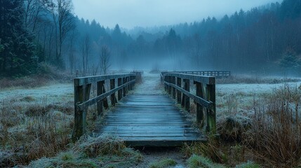 Naklejka premium Misty Morning Bridge Across Frozen Marsh