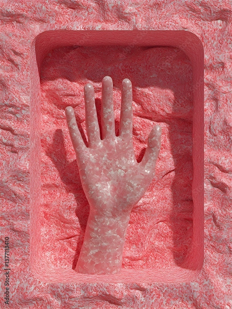Poster abstract 3d render of a pink hand emerging from a textured pink surface. intriguing, artistic, and s