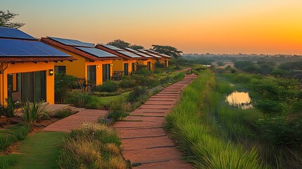 A modern, eco-conscious coworking caf?(C) with solar panels and green energy solutions.