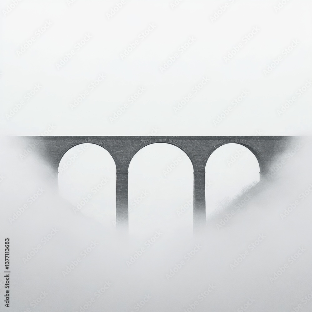 Poster a minimalist bridge silhouette emerges from dense fog, creating a mysterious and serene atmosphere.
