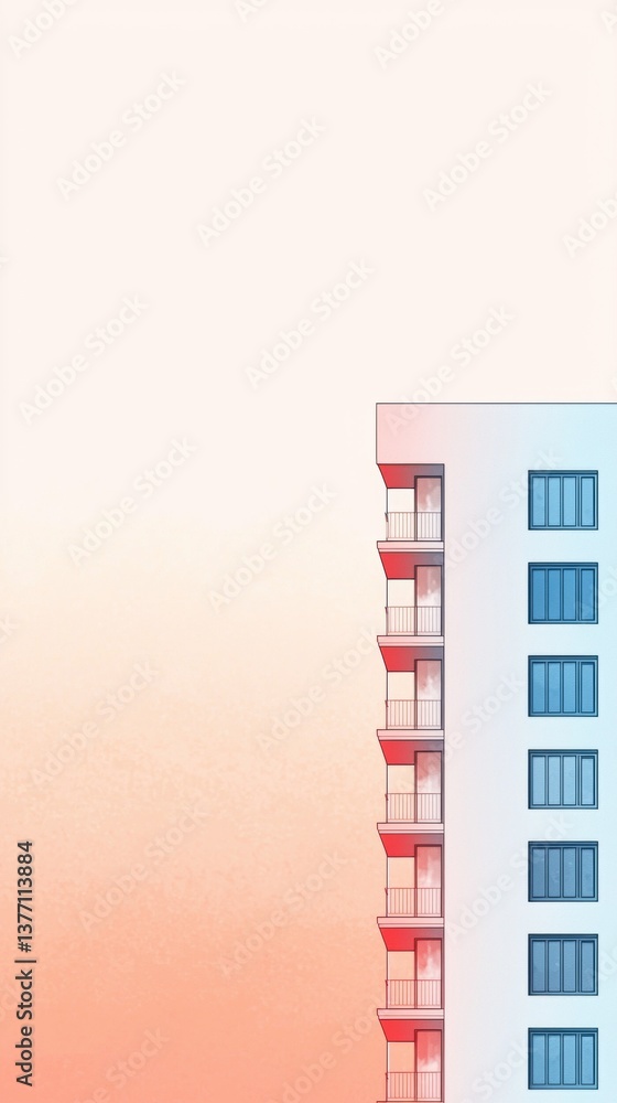 Poster a modern building with a gradient background, featuring balconies and large windows, showcasing a mi