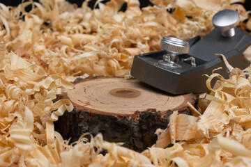 Wood slice with tool and wood shavings.