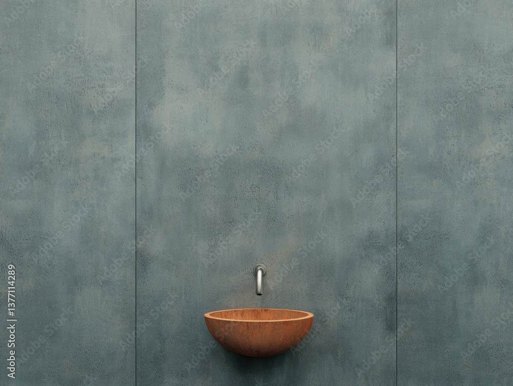Poster a minimalist scene featuring a simple bowl sink mounted on a textured gray wall, emphasizing modern 