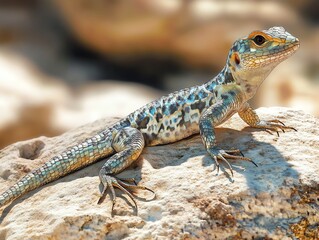 Fototapeta premium Lizard Resting on Rock Close-up with Colorful Scales Enjoying Sunlight