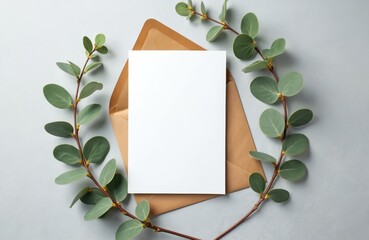 Invitation or save the date card mockup with envelope fresh eucalyptus twigs. Blank white paper for message, announcement on neutral background. Wedding stationary design, romantic concept.
