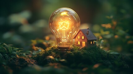 A light bulb illuminated with a miniature windmill and sustainable house inside
