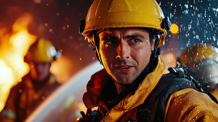 firefighter in full protective gear stands amidst flames, showcasing bravery and determination in challenging situation