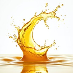 Dynamic illustration vibrant yellow liquid splashing. Splashing liquid motion creates dynamic wave pattern. Fresh juicy drink art with drops and splashes, isolated white background.
