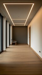 Obraz premium Modern minimalist hallway interior design. Light wooden floor, recessed lighting, and a grey chair. Perfect for real estate, architecture, and interior design projects.