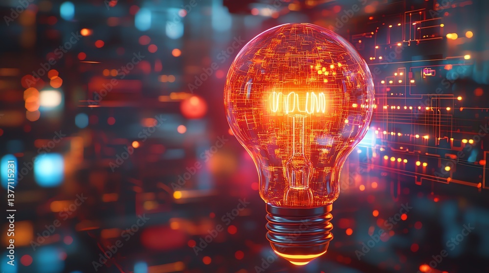 Poster a glowing light bulb against a complex circuit background, with flowing neon patterns and data conne
