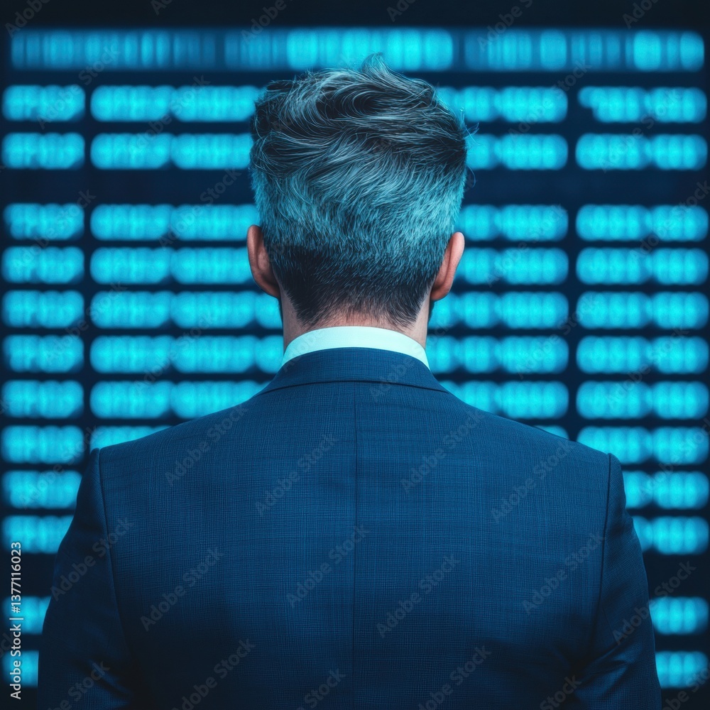 Poster a man in a suit stands in front of a digital screen displaying blue data, conveying a sense of profe