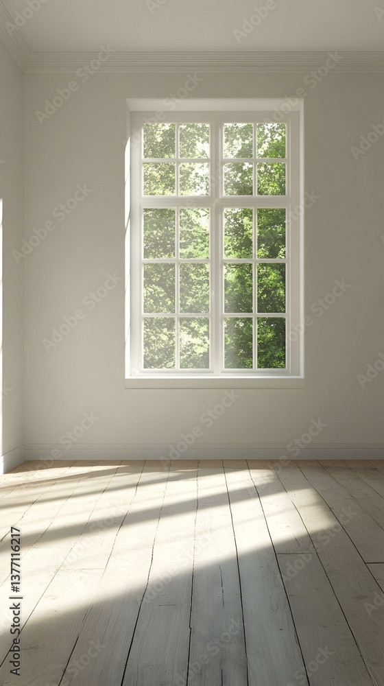 Poster sunlit room interior with large window showing lush green trees. empty space perfect for design mock