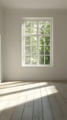 Fototapeta premium Sunlit room interior with large window showing lush green trees. Empty space perfect for design mockups.