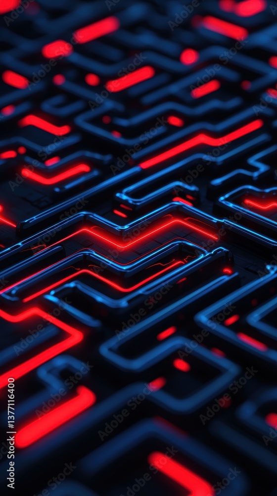 Poster a vibrant, abstract maze of glowing blue and red lines on a dark surface, creating a futuristic and 