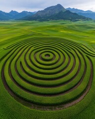 Aerial view of a vibrant green rice field with concentric circular patterns, surrounded by mountains under a cloudy sky.