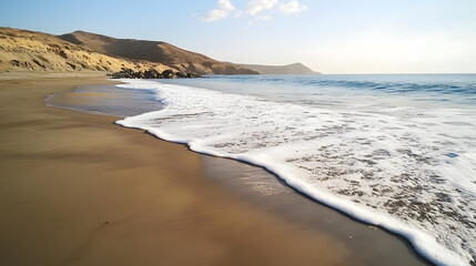 Seashore Serenity: Capturing the serene beauty of the coastline, the waves gently kiss the sandy shore, while the sun casts a warm glow over the distant hills.