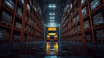 Yellow Truck in Large Warehouse during Rain