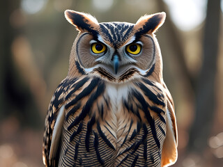 Fototapeta premium a majestic owl captured in a detailed close-up portrait, isolated against a softly blurred natural outdoor background