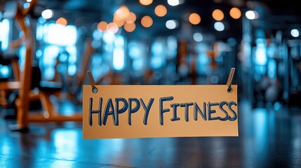 A cheerful 'Happy Fitness' sign hanging in a vibrant gym atmosphere, emphasizing positivity in exercise.