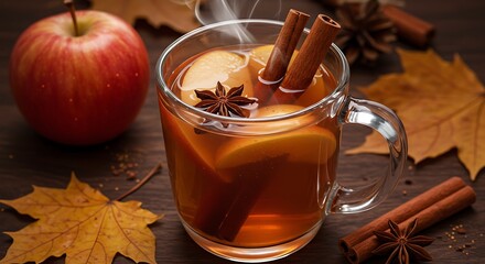 Warm Autumn Apple Cider in a Glass Mug