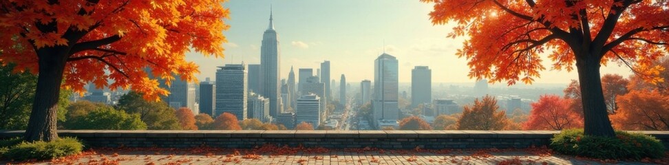 Naklejka premium Earthy outdoor poster on brick wall with foliage and cityscape background, nature, cityscape