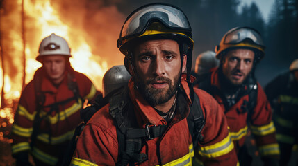 Group of firefighters in full protective gear facing wildfire, showcasing bravery and determination in dangerous situation